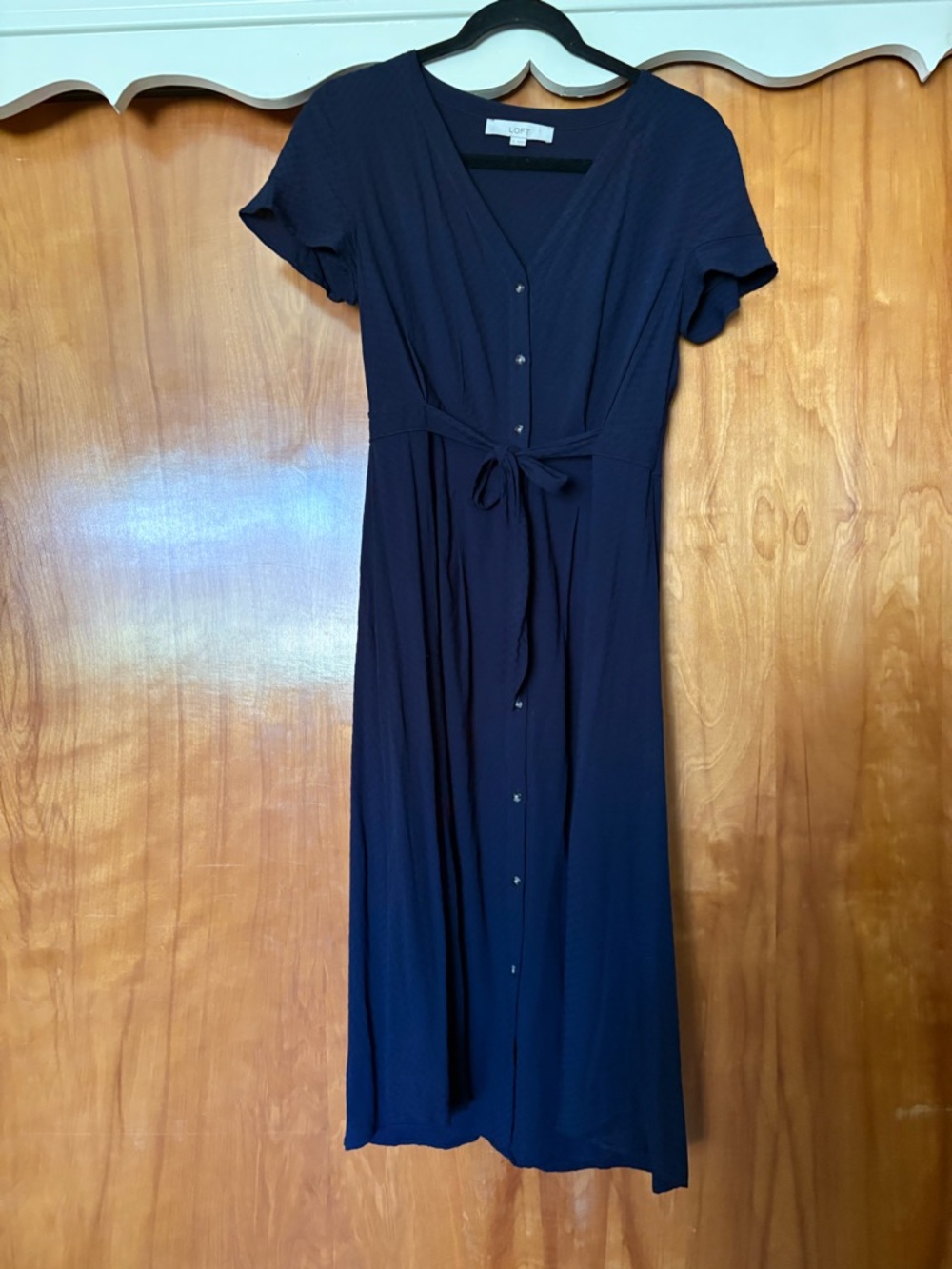 Vintage LOFT Navy Button-Front Tie-Waist Maxi Dress